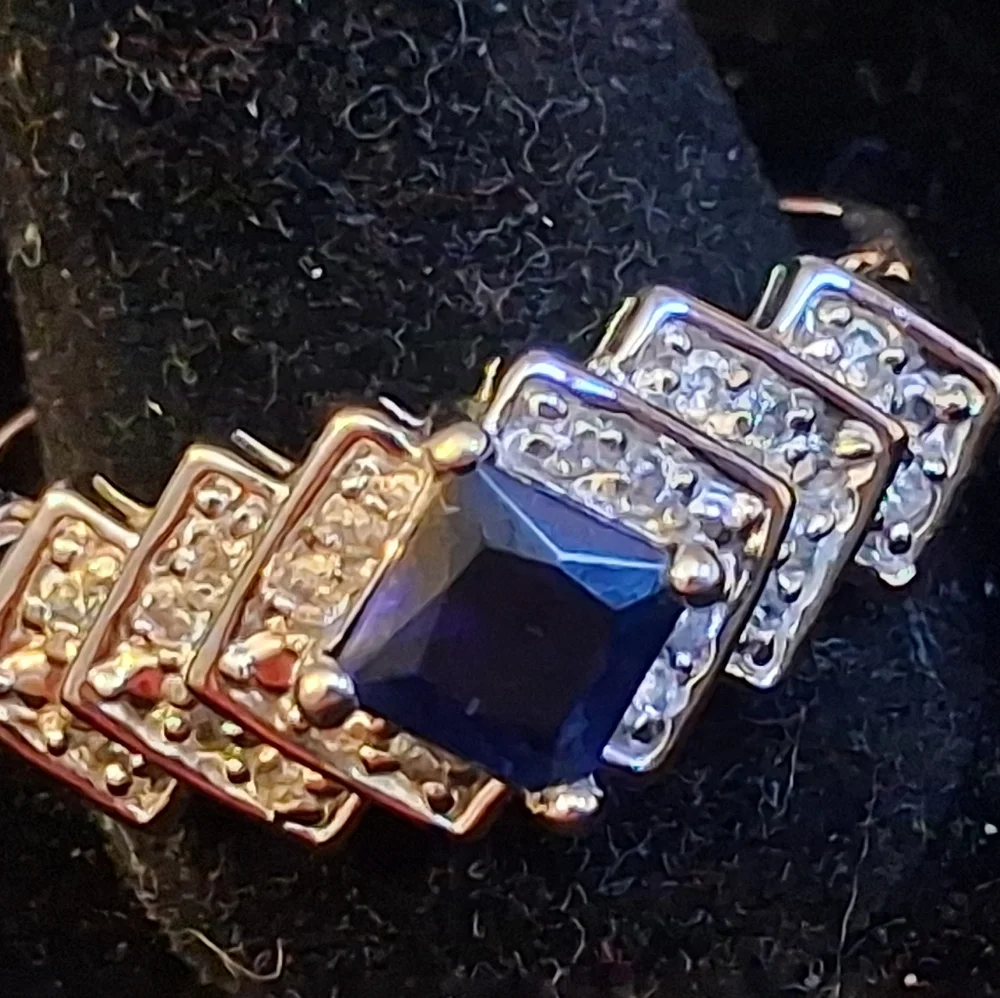 Sterling Silver Women's Ring With Faux Sapphire And Diamonds Size 10 3/4